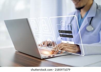 Doctor Use Computer Login Password Connection Server Data Base Patient For Technology Treatment In Hospital