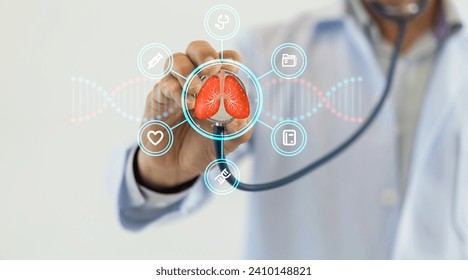Doctor use stethoscope checkup lung health,respiratory disease,lung cancer,bronchitis,Bronchial Asthma,Tuberculosis,pneumonia,asthma,air pollution pm2.5.insurance and hospital.world no tobacco day