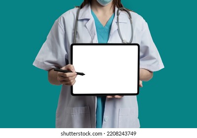 Doctor Use Tablet Pc Computer Blank Screen Workspace Isolated On Green Background.