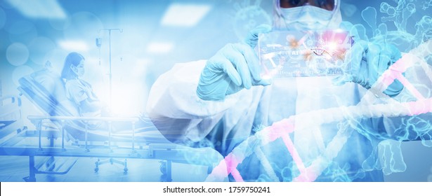 Doctor Use Virtual Screen Equipment,analyze And Research Patient In Sterile Room,monitor Diagnosed And Checking,coronavirus Or Covid 19,medical Concept And Artificial Intelligence Or AI Technology  
