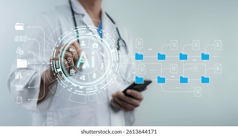 Doctor uses a digital interface to manage AI-driven folders and medical files, reflecting futuristic automation, healthcare data management and smart file organization in a secure system