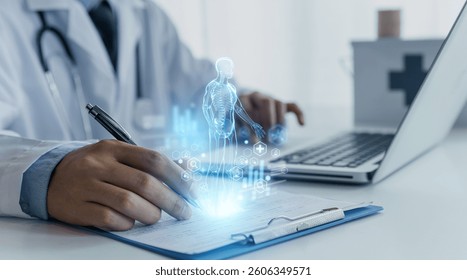 A doctor uses a futuristic digital interface displaying a holographic human anatomy above a clipboard, symbolizing advanced AI in healthcare