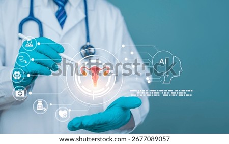 Doctor using AI digital interface for gynecology reproductive health diagnostics innovation futuristic medical technology