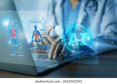 Doctor using AI technology on laptop for advanced medical diagnosis and patient health data analysis in a futuristic digital interface