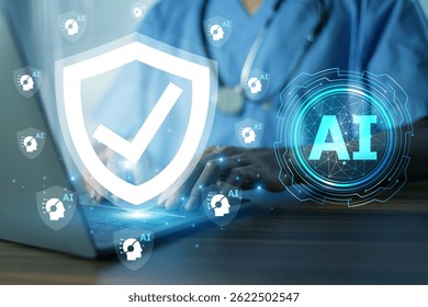Doctor using AI technology on laptop for advanced medical diagnosis and patient health data analysis in a futuristic digital interface