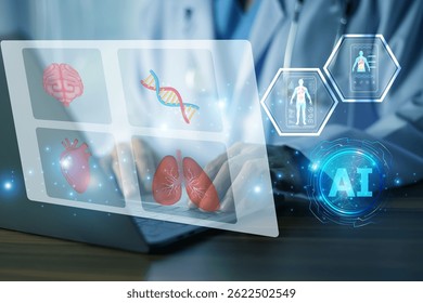 Doctor using AI technology on laptop for advanced medical diagnosis and patient health data analysis in a futuristic digital interface