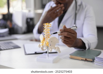 Doctor is using an anatomical model of the spine to explain a diagnosis to a patient - Powered by Shutterstock