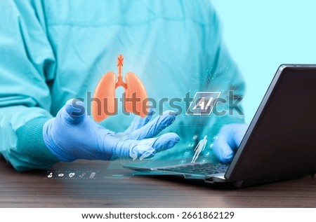Doctor using artificial intelligence on a laptop for lung diagnosis, digital innovation in pulmonology, smart technology in respiratory health, telemedicine, lung health, and modern healthcare.