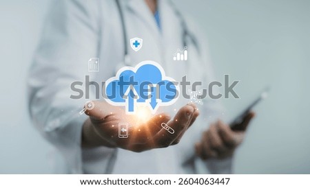 Doctor using cloud technology for secure data upload and download, symbolizing innovation in health information exchange and connectivity