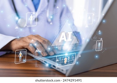 Doctor using computer AI artificial intelligence technology machine learning to research treatment innovation for patient convenient fast healthcare. AI artificial intelligence technology Healthcare
