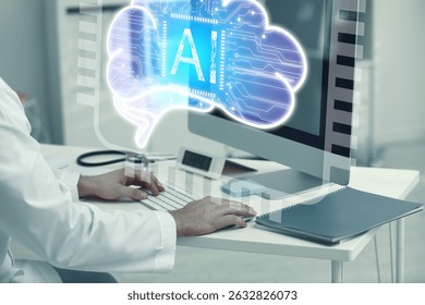 Doctor using computer with AI virtual screen at table, closeup. Artificial intelligence in medicine