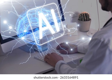 Doctor using computer with AI virtual screen at table, closeup. Artificial intelligence in medicine
