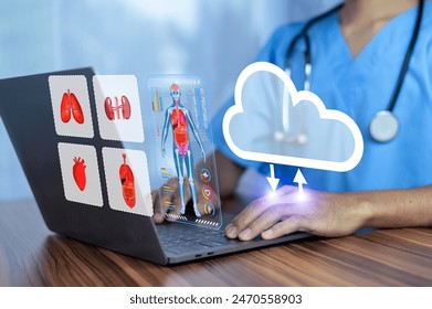 Doctor using computer backup data on Cloud Computer technology and storage online for computer, computer backup storage data Internet technology backup online document, backup data concept