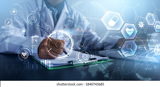 Doctor Using Computer Laptop Modern Technology Diagnosing Analyzing Patient’s Health, Medical Healthcare Diagnosis, Close Up Medical Professional Working In Hospital Office, Banner Graphical Icon