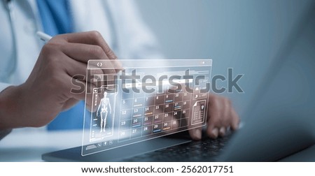 Doctor using a digital calendar interface with medical details, symbolizing modern healthcare scheduling and technological advancement. Ideal for concepts of time management and healthcare technology