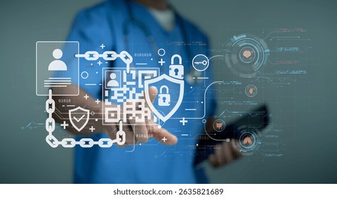 Doctor using a digital interface with blockchain icons, locks and chains to represent secure healthcare data systems, privacy protection and encryption technology