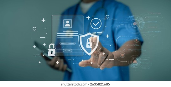 Doctor using a digital interface with lock, shield and user icons, representing healthcare cybersecurity, data protection, secure access and privacy compliance