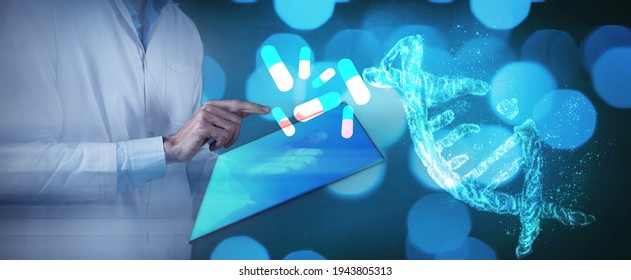 Doctor using digital molecule interface 3D illustracion 
