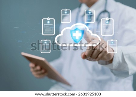 Doctor using digital tablet to access medical records on cloud storage. Healthcare professional touching virtual cloud icon for secure data sharing and online health management.