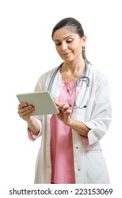 Doctor using a digital tablet isolated on white