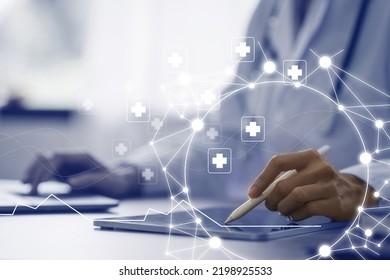 Doctor using digital tablet virtual screen. Modern medical banner background concept