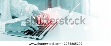 Doctor using digital technology to visualize female reproductive system and uterus health. Concept of gynecology, women healthcare, medical innovation, fertility care, diagnosis, and modern healthcare technology.