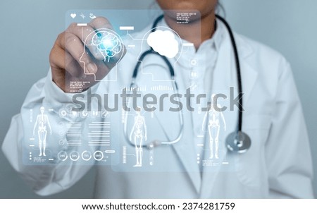 Doctor is using electronic pen touching screen for medical diagnostic analysis on modern virtual screen network connection. Medical technology concept.