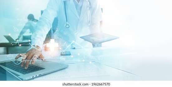 Doctor using intelligence network connecting data analysis and diagnose patient health problem. Innovation technology in medical and science develop solution to improve quality of lives and wellbeing. - Shutterstock ID 1962667570