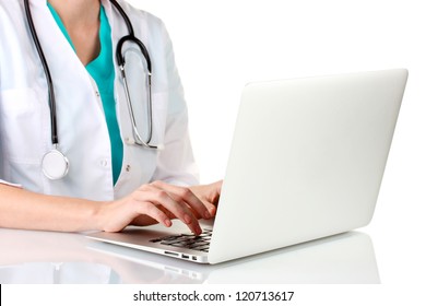 Doctor Using Laptop Computer Isolated On White