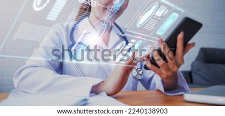 Doctor using mobile phone diagnosing patient heart for disease, technology display assistance holographic AI, healthcare medical staff in hospital treating ill people, health examine portable device