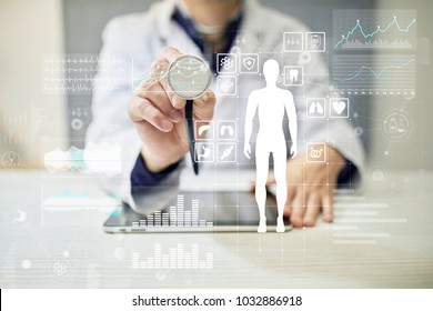 Doctor Using Modern Computer With Medical Record Diagram On Virtual Screen Concept. Health Monitoring Application.