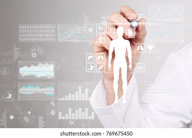 Doctor Using Modern Computer With Medical Record Diagram On Virtual Screen Concept. Health Monitoring Application.