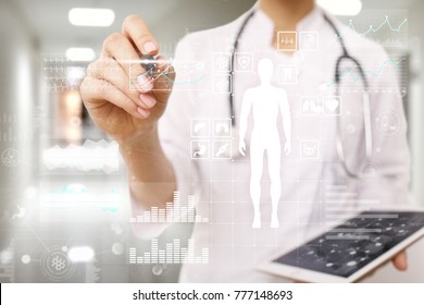 Doctor Using Modern Computer With Medical Record Diagram On Virtual Screen Concept. Health Monitoring Application.