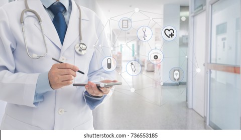 Doctor Using Smart Phone Communicate Patient At The Hospital. Medical Technology Concept.