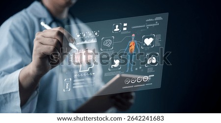 Doctor using smart tablet diagnostics with AI interface, analyzing brain, heart, lungs, and organs for precision medicine. technology and digital smart healthcare and innovative patient analysis.