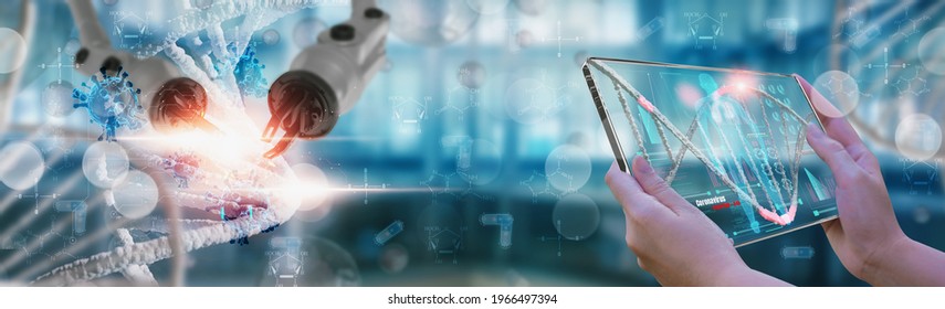 Doctor using smart virtual interface to control robotic arm and analysis and synthesis genetic DNA helix of coronavirus and virus,for manufacture of vaccine and medicine to treat patient,in laboratory