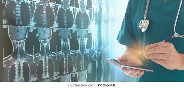 Doctor using smartphone with  
cervical spine x-ray virtual reality in background. - Powered by Shutterstock