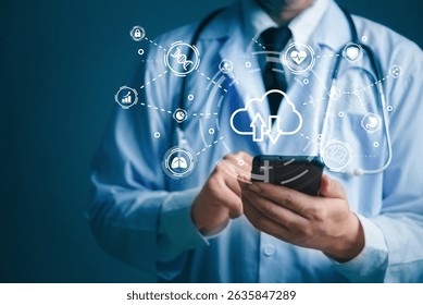 doctor using smartphone with cloud health icons, digital cloud computing medical , telemedicine remote diagnosis, and AI healthcare technology solutions innovation data management.