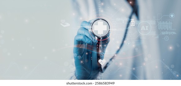 Doctor Using System Analysis treatment Healthcare Patient, Data Network via Cloud, Digital Healthcare with artificial intelligence Or AI, Future Medical Technology and Patient Care Innovation concept