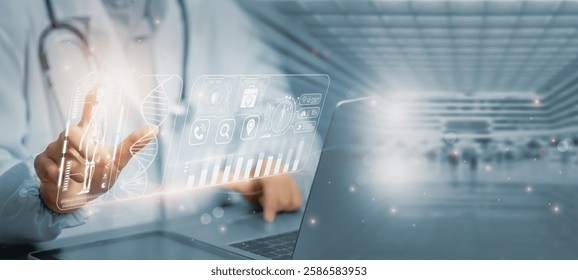 Doctor Using System Analysis treatment Healthcare Patient, Data Network via Cloud, Digital Healthcare with artificial intelligence Or AI, Future Medical Technology and Patient Care Innovation concept