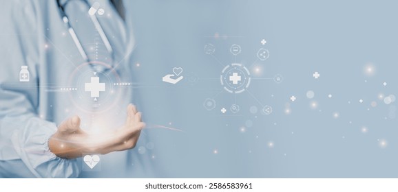 Doctor Using System Analysis treatment Healthcare Patient, Data Network via Cloud, Digital Healthcare with artificial intelligence Or AI, Future Medical Technology and Patient Care Innovation concept