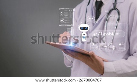 Doctor using tablet with chat bot AI assistant hologram, representing artificial intelligence in healthcare, digital medical technology, and smart patient data management.