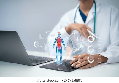 Doctor using tablet with digital human anatomy hologram medical data analytics healthcare technology diagnosis monitoring system telemedicine innovation smart healthcare concept