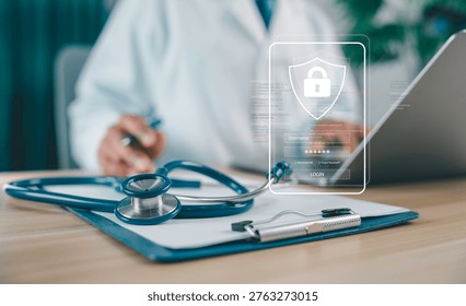 Doctor using tablet with digital security login interface, healthcare data protection, patient privacy, telemedicine technology, medical cybersecurity concept in modern clinic