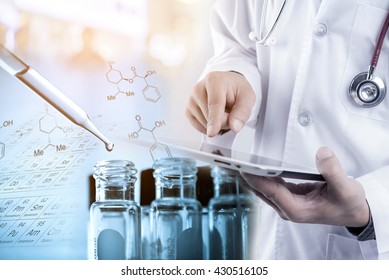 Doctor using tablet with dropping liquid to test tube, medical and science research concept
