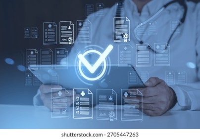 Doctor using tablet with floating digital medical documents and checkmark icons, modern style on dark blue background, concept of data verification