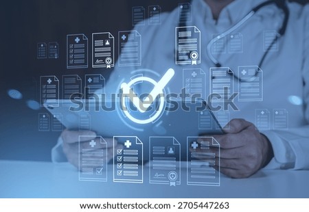 Doctor using tablet with floating digital medical documents and checkmark icons, modern style on dark blue background, concept of data verification