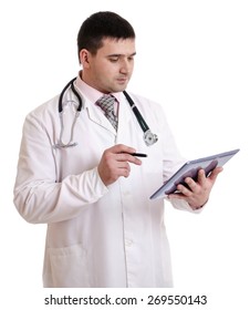 Doctor is using tablet pc on white background.