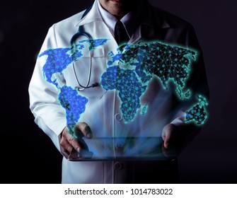 Doctor using tablet pc with virtual screen with world map. Internet health care ,Social network ,Digital world graphic and technology global .
