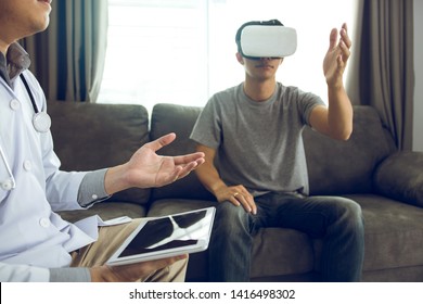 Doctor is using the tablet to send the data to the virtual reality glasses showing the health diagnosis as the patient is wearing and analyzing together at home.